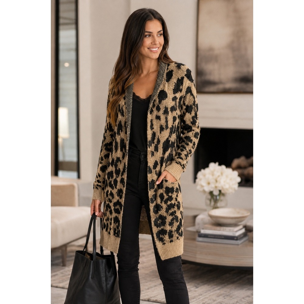 BP Nordstrom‎ Leopard Print Longline Cardigan Sweater Womens X-Small Open Front